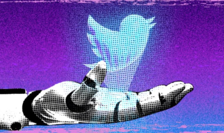 A robotic arm holding a holographic image of the Twitter logo