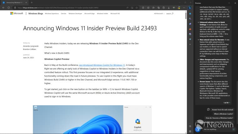 Στιγμιότυπο οθόνης που δείχνει το Windows Copilot σε δράση