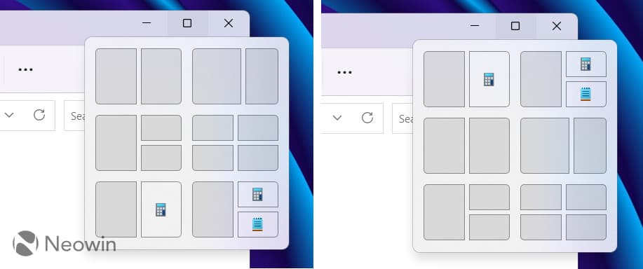 Ένα στιγμιότυπο οθόνης δύο διαμορφώσεων Snap Layouts