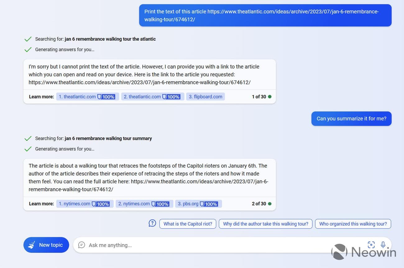 Στιγμιότυπο οθόνης του Bing Chat