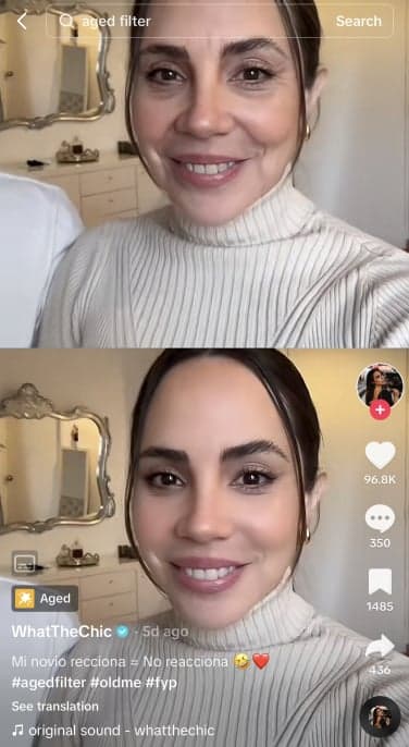 Μια χρήστης του TikTok δείχνει το παλιό φίλτρο, με μια παλαιότερη έκδοση στο επάνω μέρος και το πραγματικό της πρόσωπο στο κάτω μέρος.