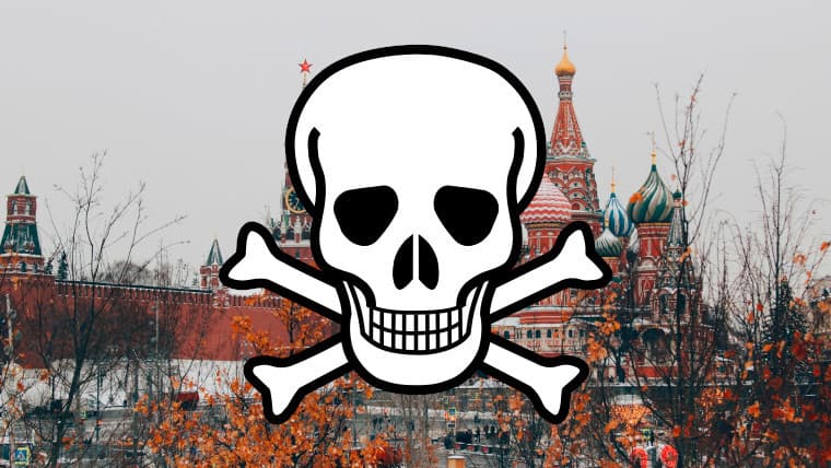 Skull and crossbones in front of Kremlin