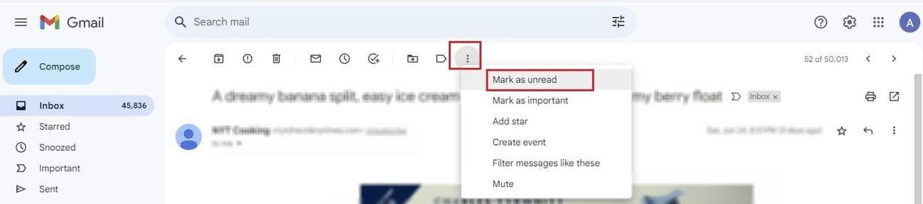 Στιγμιότυπο οθόνης της επιλογής Επισήμανση ως μη αναγνωσμένης στην έκδοση του Gmail για υπολογιστές