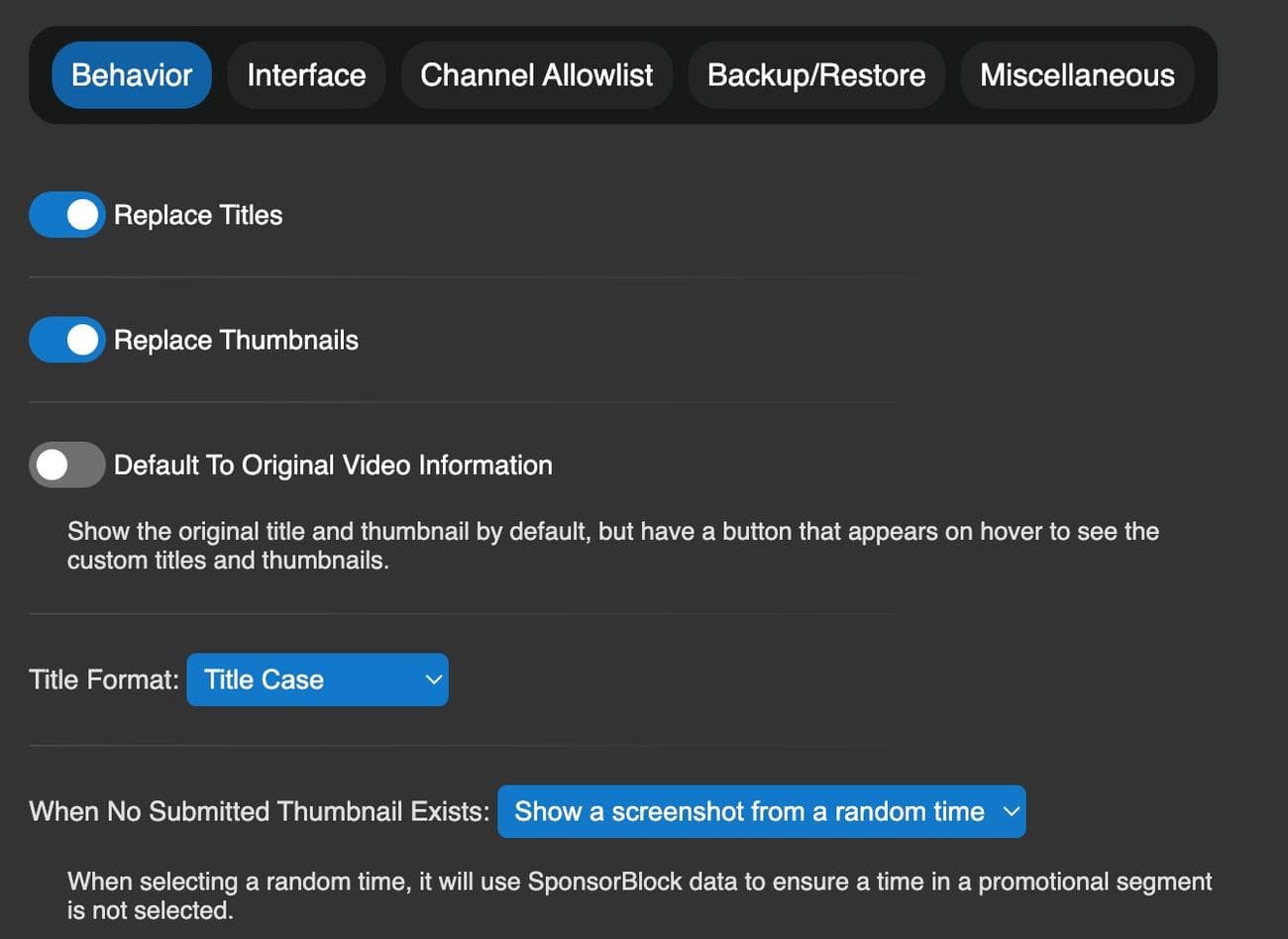 Η διεπαφή ρυθμίσεων για το DeArrow, μια επέκταση προγράμματος περιήγησης που καταργείται 