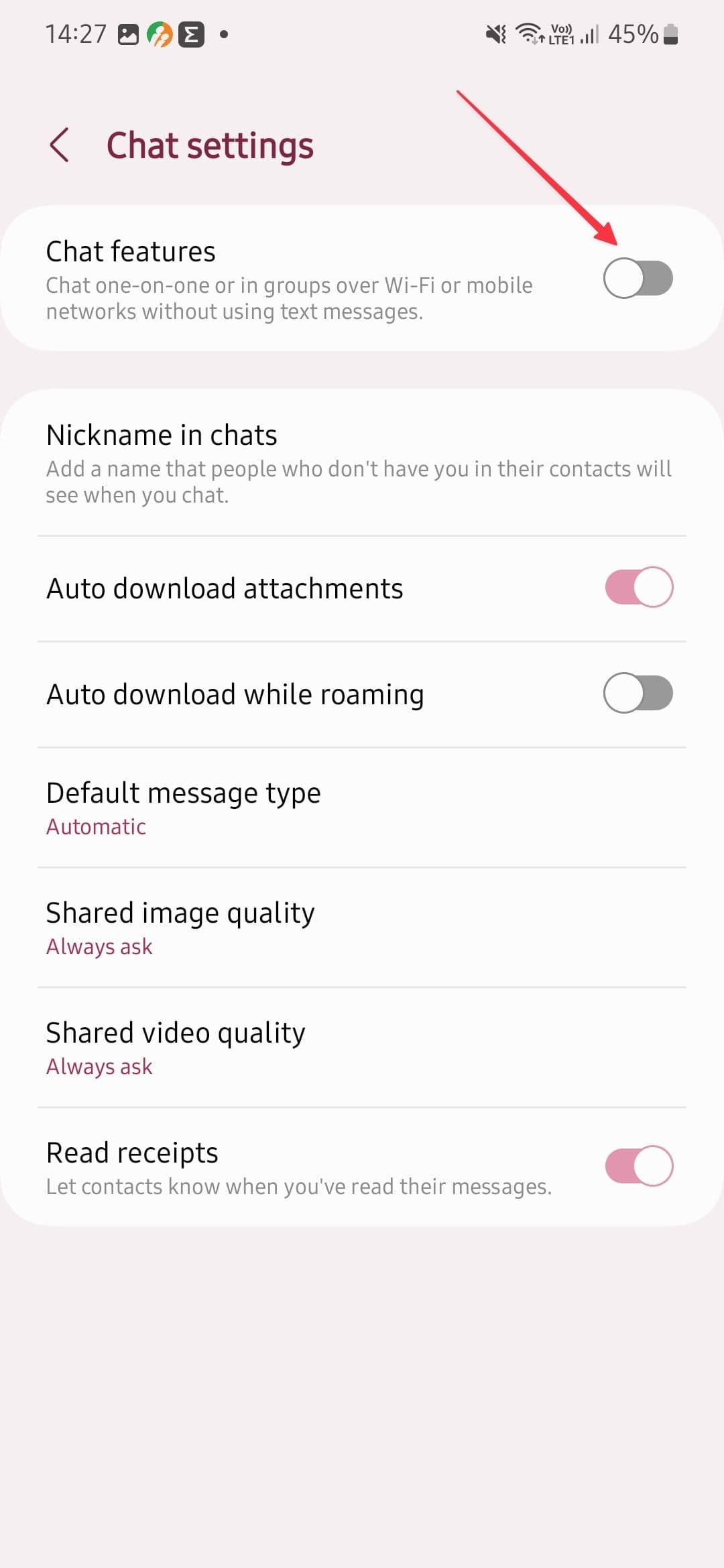 στιγμιότυπο οθόνης που δείχνει την επιλογή δυνατοτήτων συνομιλίας στα μηνύματα της Samsung