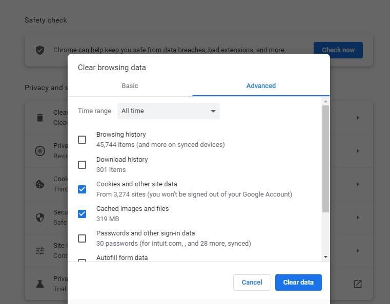 Μενού Google Clear Browing Data