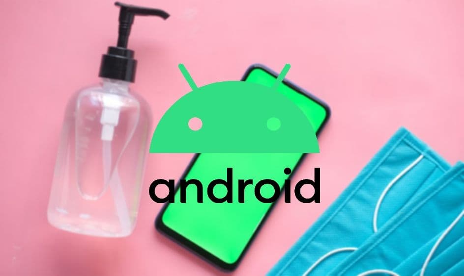 Android logo on top of a phone, a bottle of sanitizer, and a couple of face masks