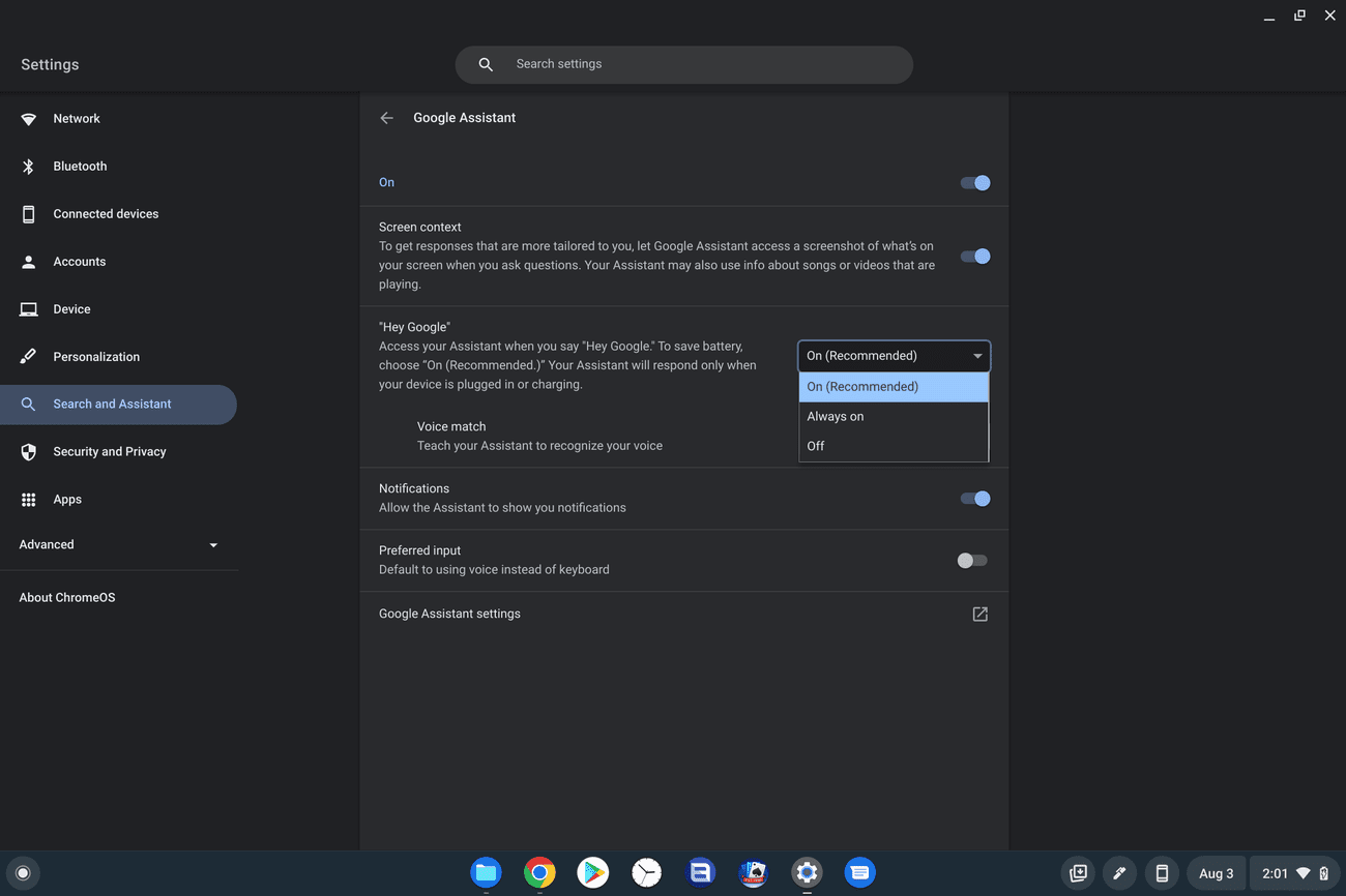 Ο κύριος διακόπτης εναλλαγής για να απενεργοποιήσετε ή να ενεργοποιήσετε ξανά τη λειτουργία φωνής Hey Google χρησιμοποιώντας ένα Chromebook