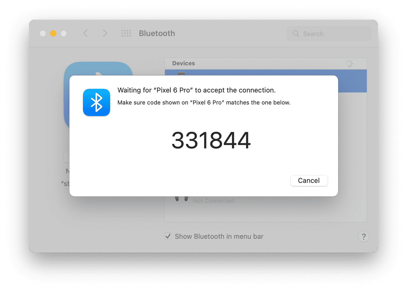 Screenshot of Bluetooth connection on Mac
