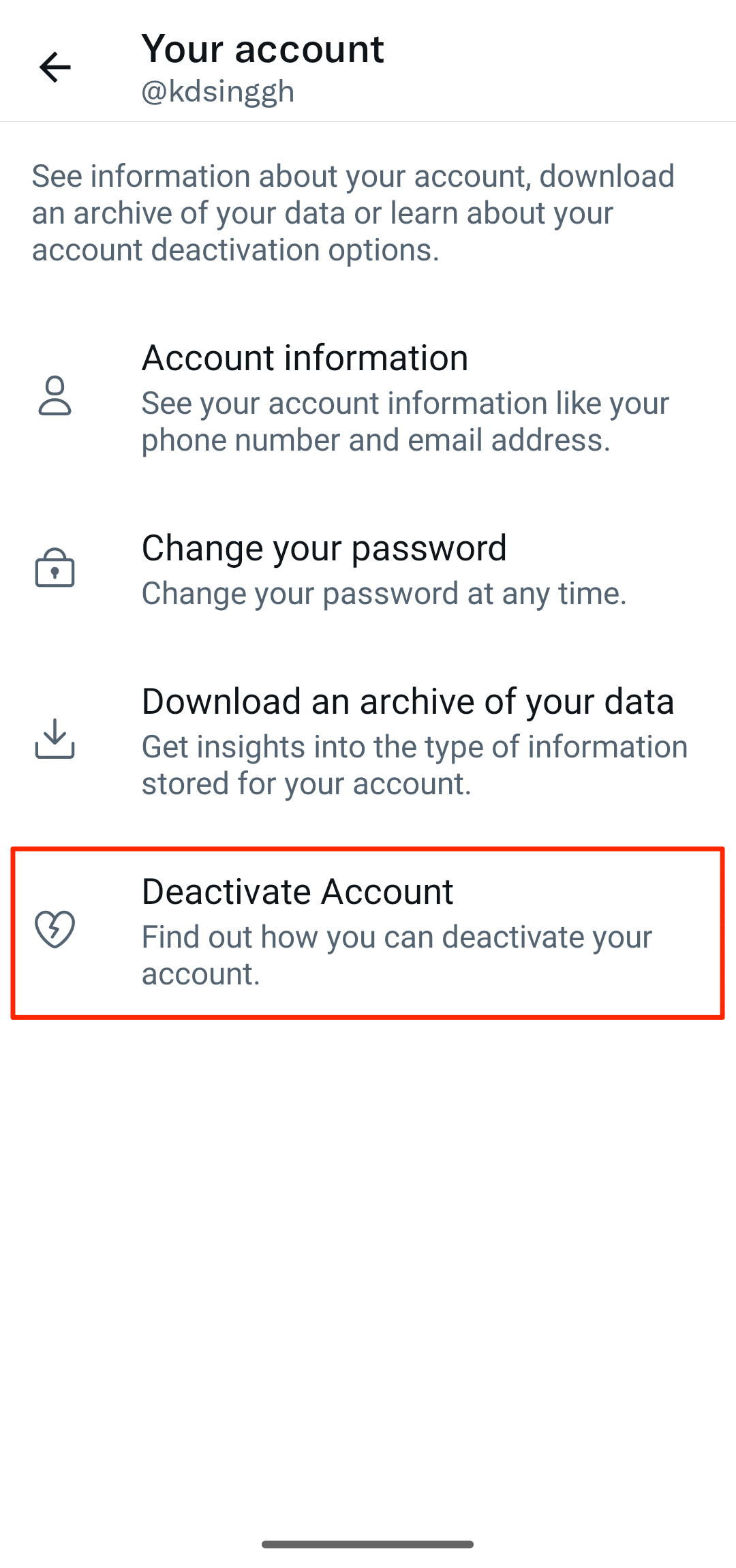 Στιγμιότυπο οθόνης της επιλογής Απενεργοποίηση λογαριασμού στο Twitter για Android