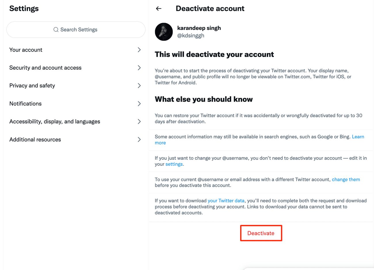 Στιγμιότυπο οθόνης του κουμπιού Απενεργοποίηση στο Twitter για τον Ιστό 