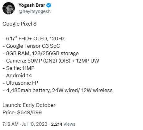 Τιμές προδιαγραφών Yogesh Brar Pixel 8 στο Twitter Ιούλιος 2023