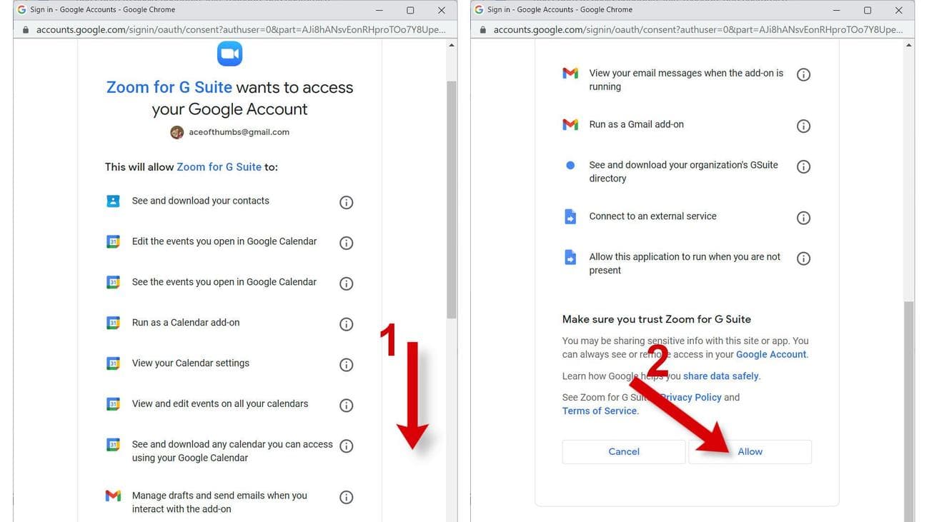 Ένα στιγμιότυπο οθόνης του παραθύρου αδειών λογαριασμού Google κατά την εγκατάσταση του Zoom για το Google Workspace