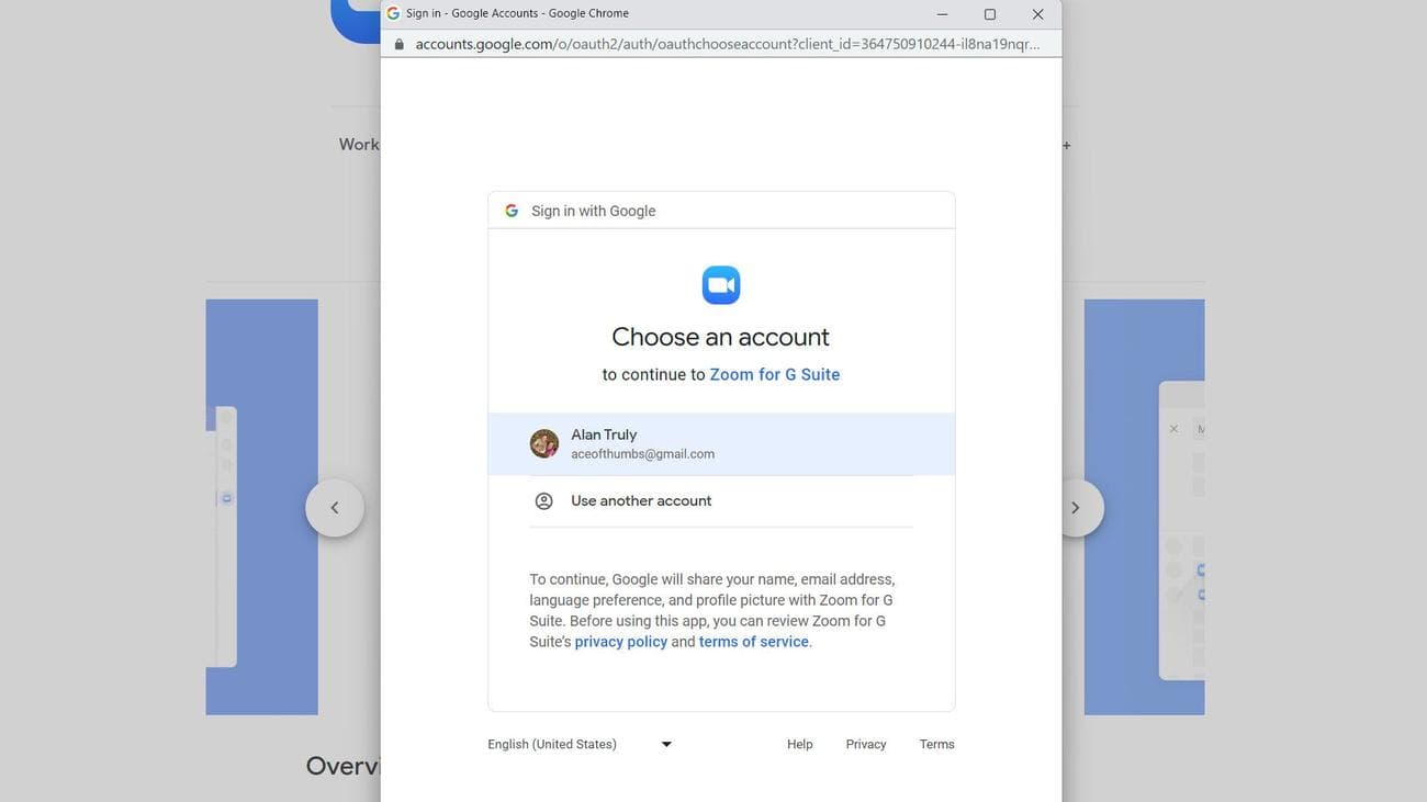 Ένα στιγμιότυπο οθόνης του παραθύρου επιλογής λογαριασμού Google κατά την εγκατάσταση του Zoom για το Google Workspace.