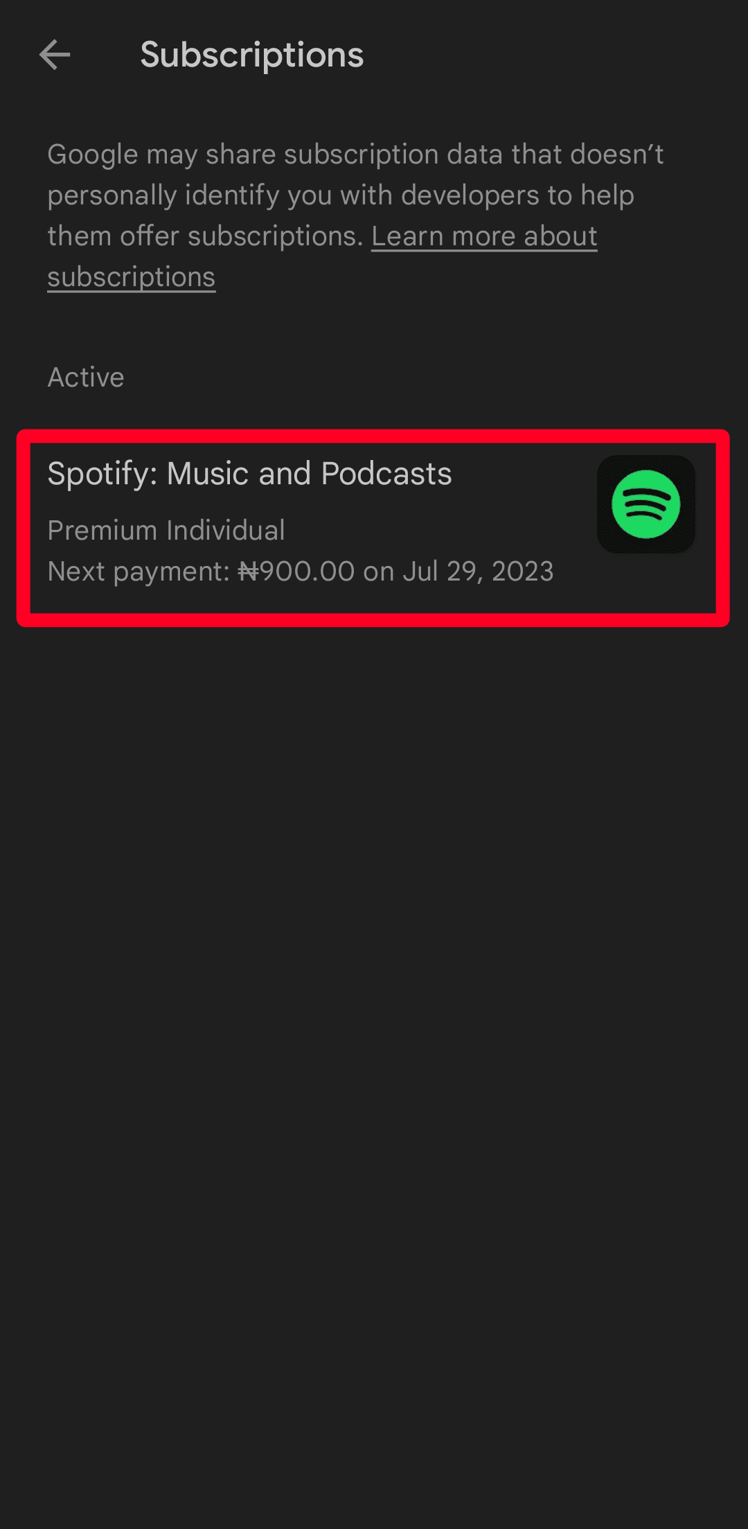 Ενεργό ατομικό πρόγραμμα Spotify Premium στο Google Play Store