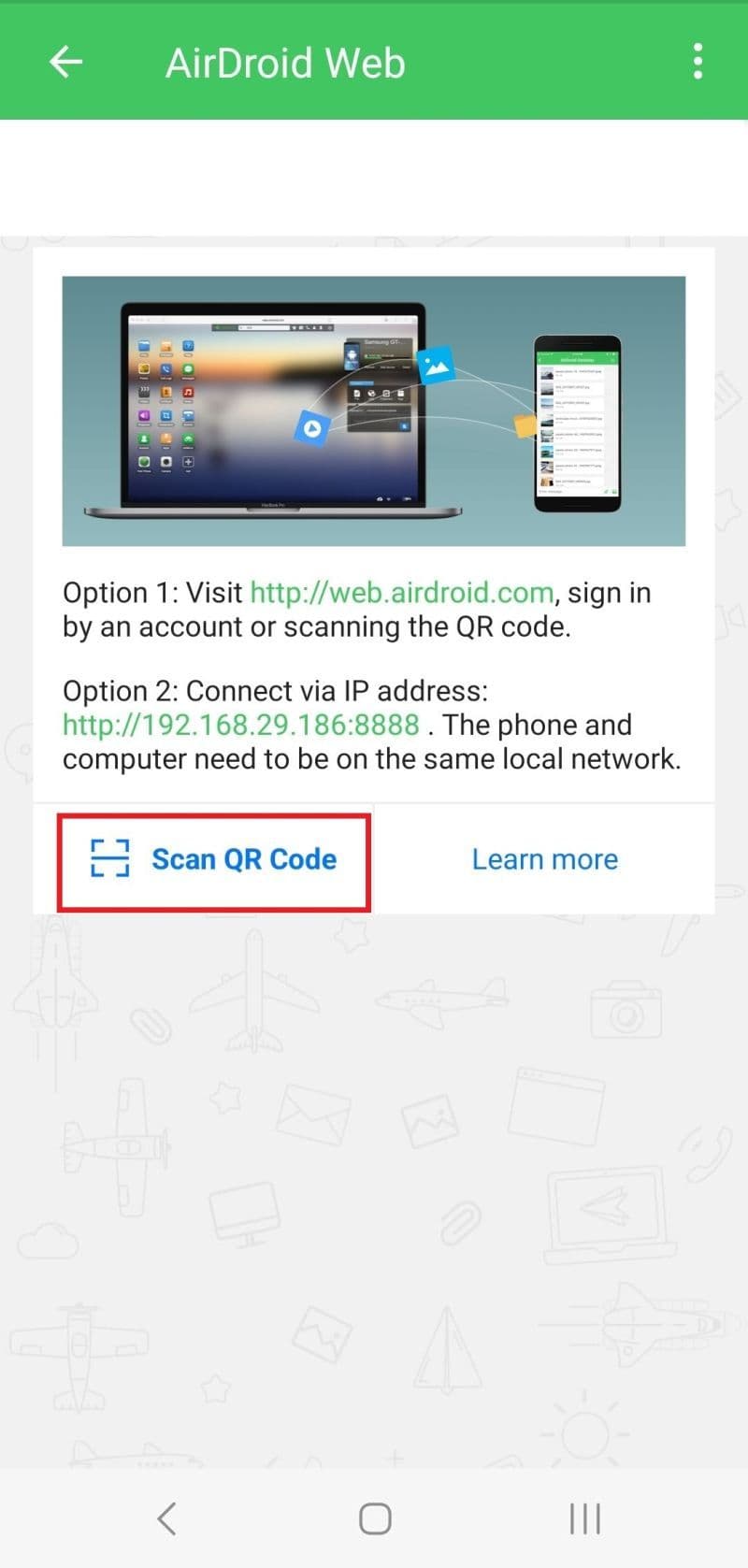 Screenshot of Scan QR code option in airdroid
