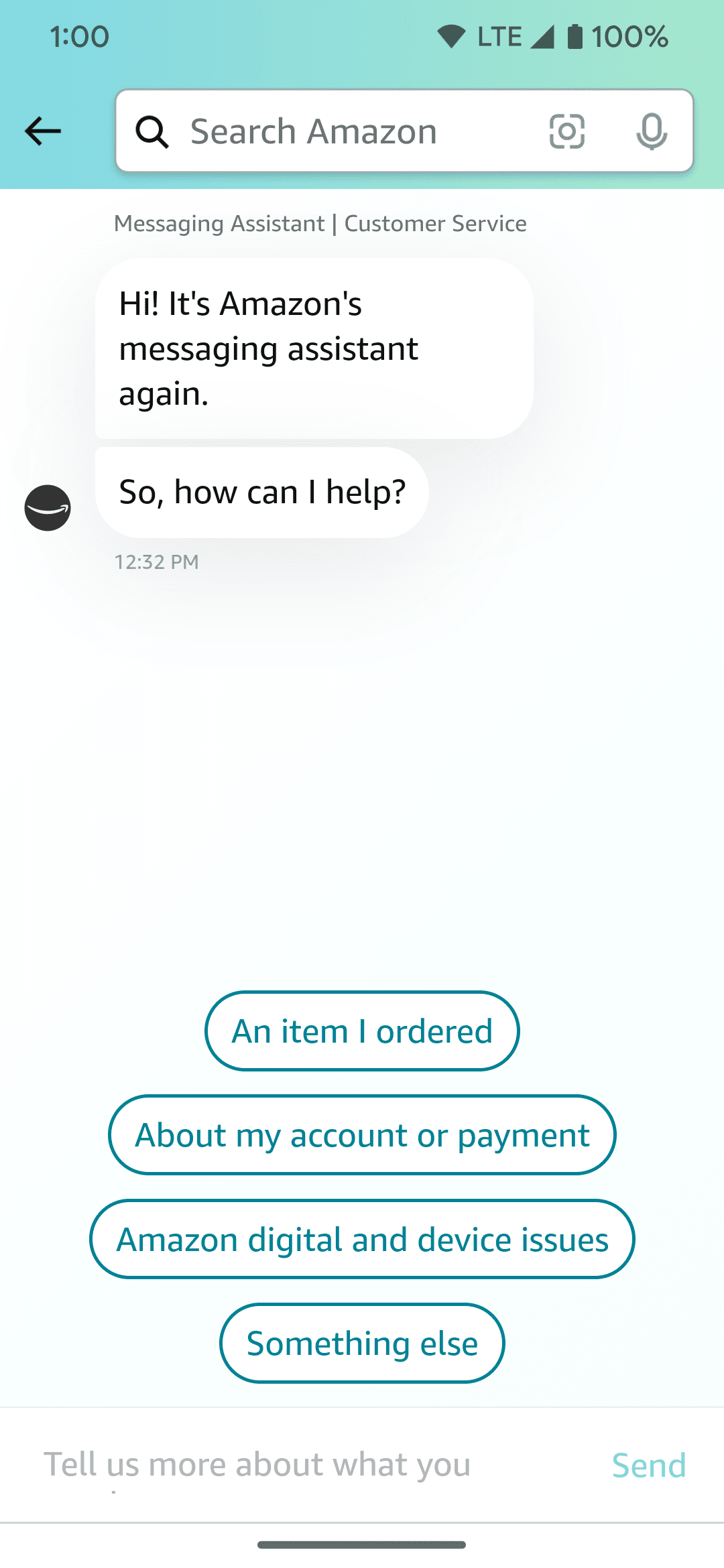 Ακολουθεί ένα παράδειγμα της προεπιλεγμένης οθόνης όταν το chatbot Amazon είναι συνδεδεμένο στην εφαρμογή Android
