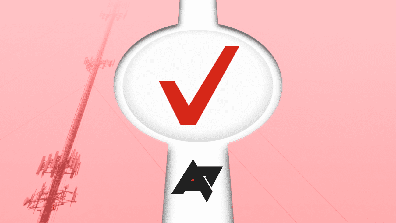 Το λογότυπο της Verizon δίπλα σε έναν πύργο κινητής τηλεφωνίας