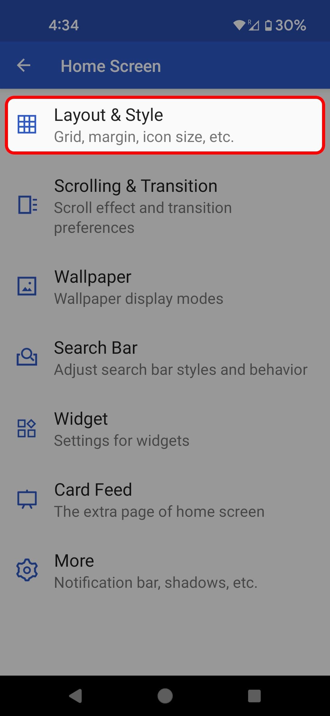 Μενού αρχικής οθόνης του Apex Launcher που επισημαίνει την επιλογή Διάταξη και στυλ