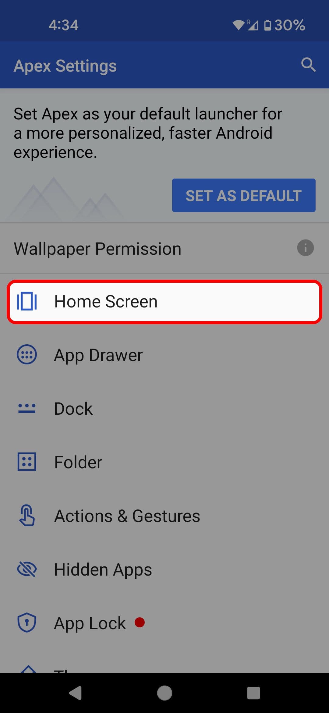 Το μενού ρυθμίσεων του Apex Launcher επισημαίνει την επιλογή Αρχική οθόνη