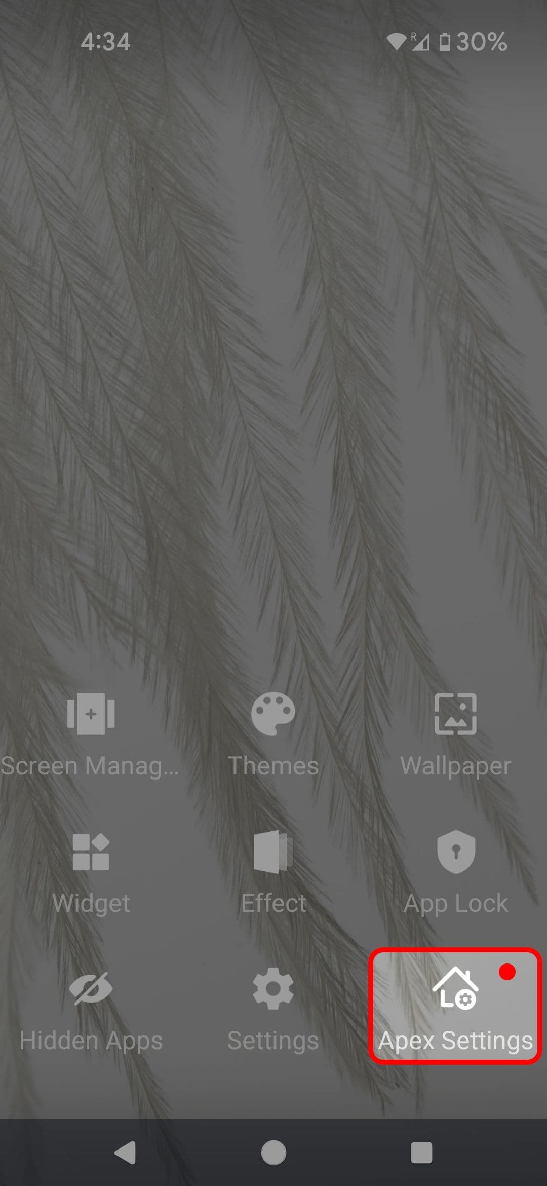 Μενού Apex Launcher που επισημαίνει την επιλογή Apex Settings