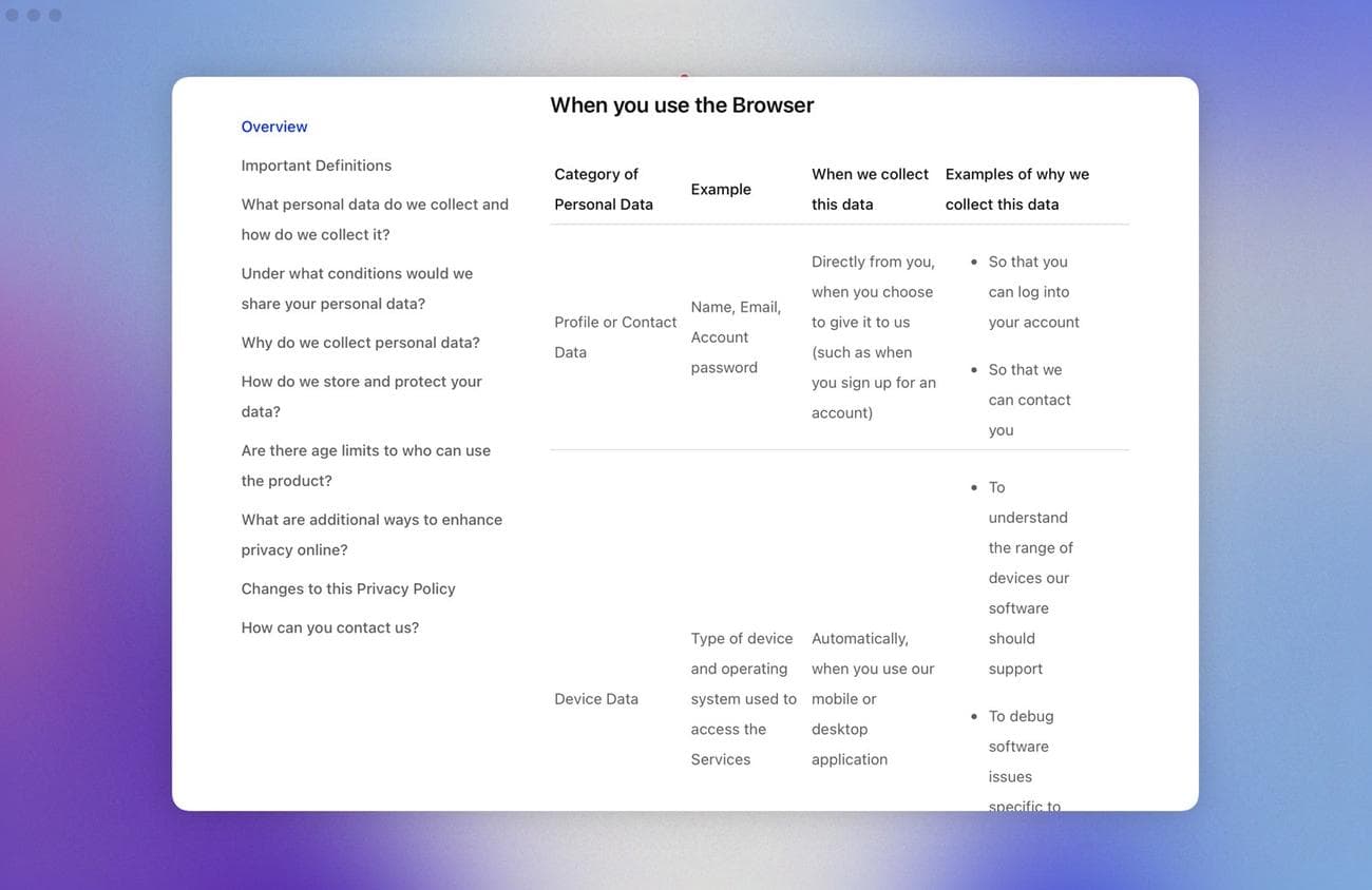 Τα δεδομένα που συλλέγει το Arc από τους χρήστες.