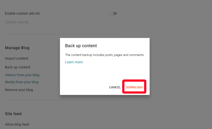 Backup content download on Blogger
