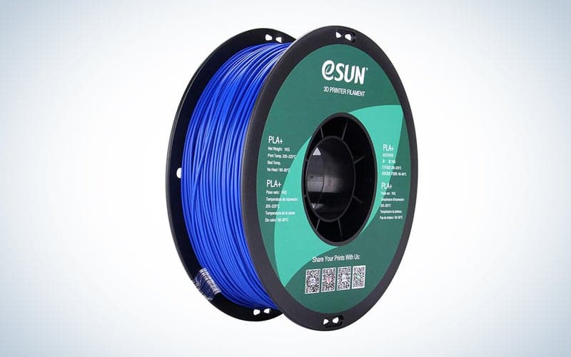 A roll of blue eSun 3D printer filament on a blue and white background