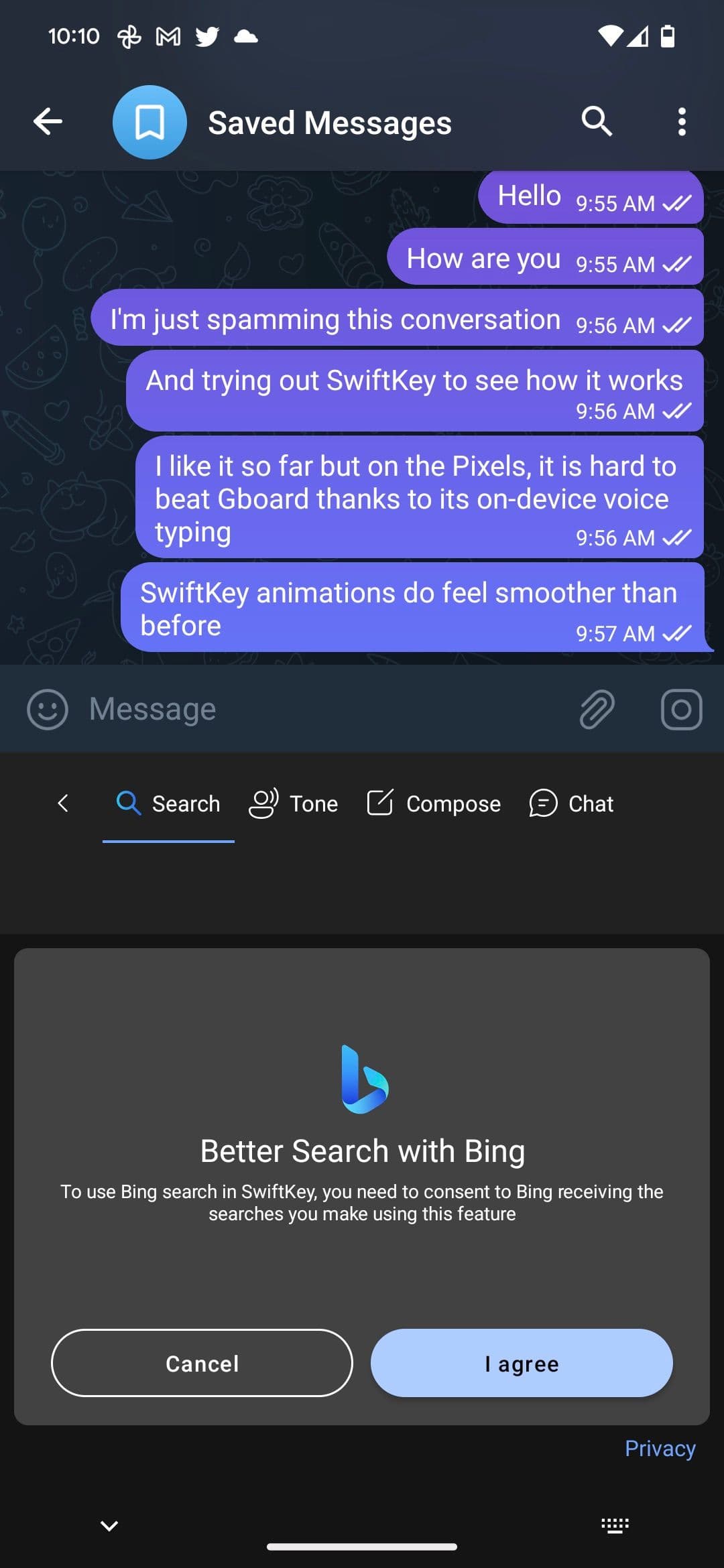 Αποδοχή της πολιτικής απορρήτου του Bing AI Chat στο SwiftKey