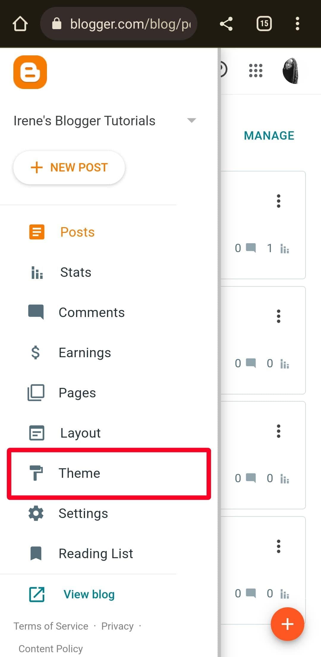 Blogger menu on Android Chrome browser