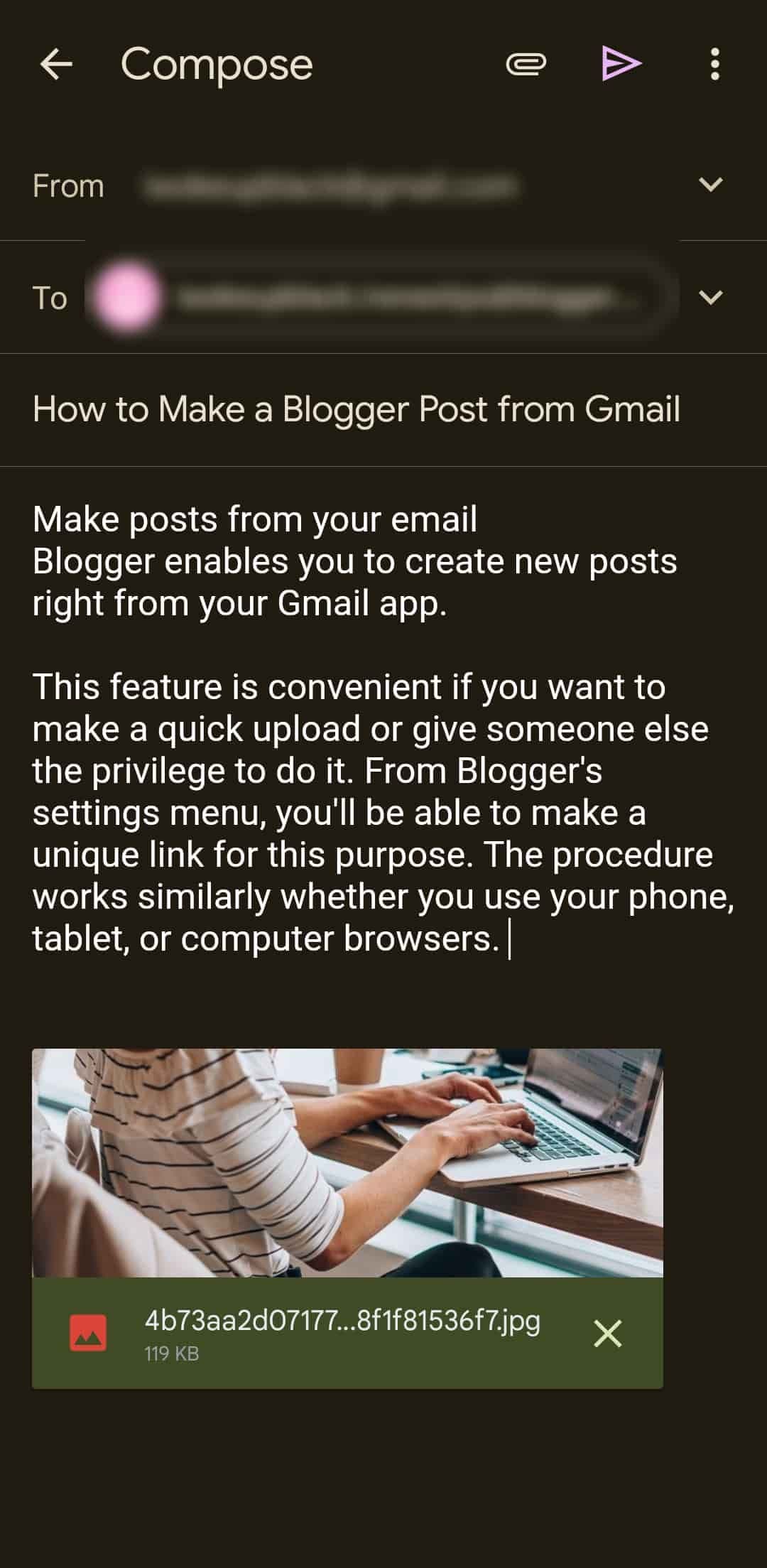 Composing a Blogger post in Gmail app