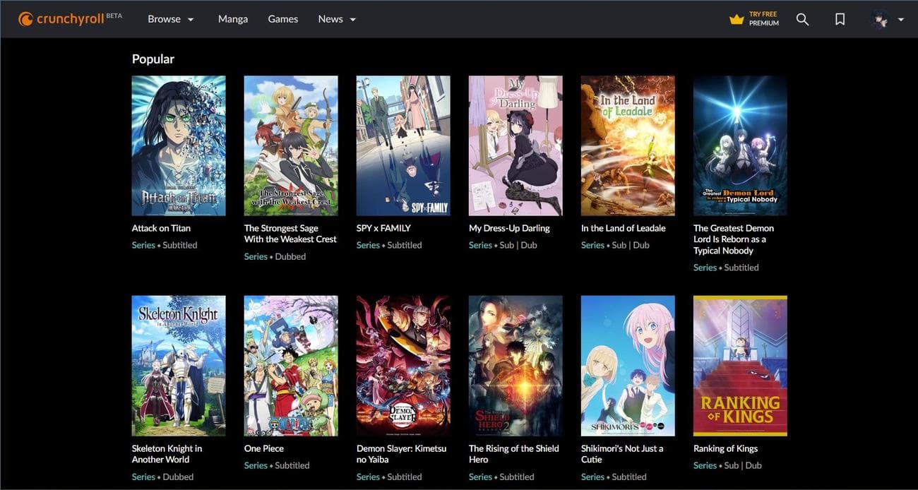 Διασύνδεση χρήστη crunchyroll beta με δημοφιλή anime στην οθόνη