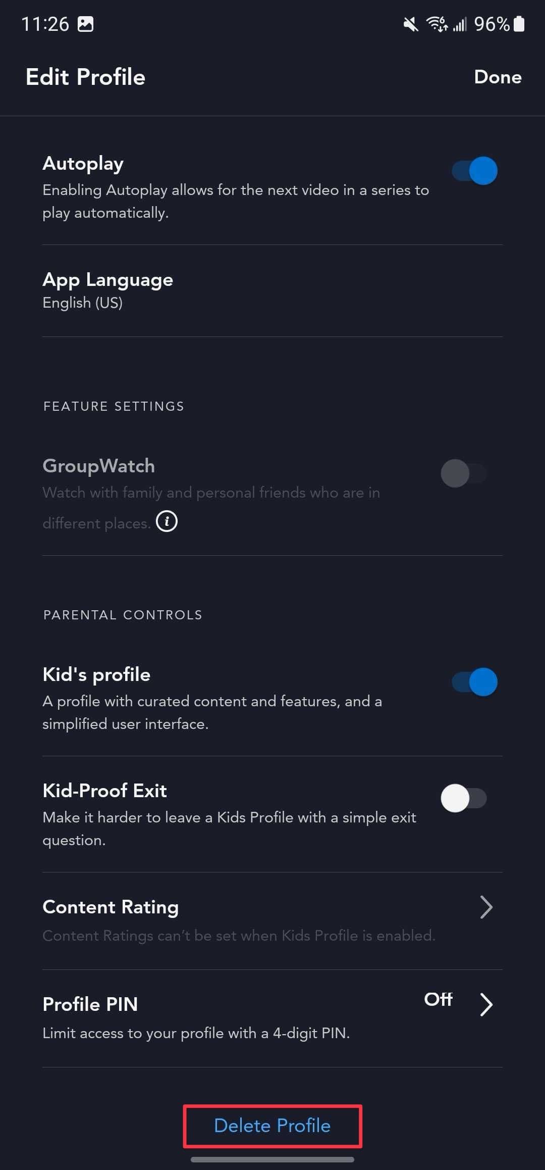 Εφαρμογή Disney+ Android Επεξεργασία στιγμιότυπου σελίδας προφίλ που δείχνει το κουμπί Διαγραφή προφίλ
