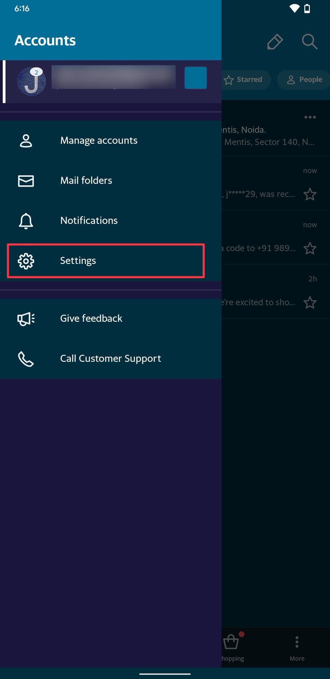 Στιγμιότυπο οθόνης μενού προφίλ εφαρμογής AOL Android