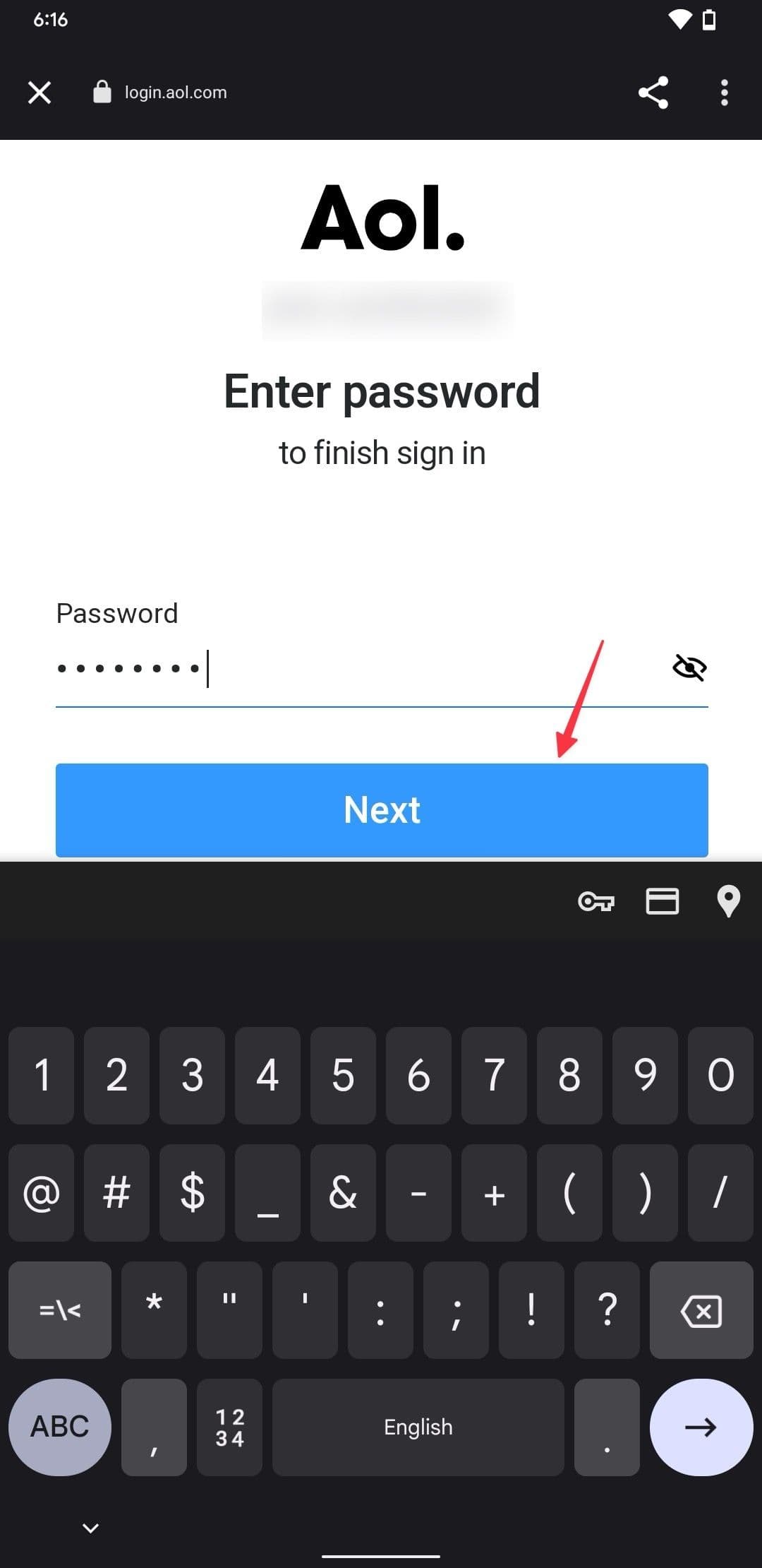Στιγμιότυπο οθόνης της σελίδας κωδικού πρόσβασης για κινητά της AOL