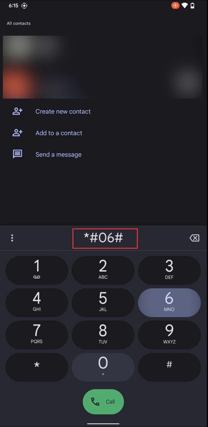 Στιγμιότυπο οθόνης που δείχνει την κλήση *#06# στην εφαρμογή Τηλέφωνο 