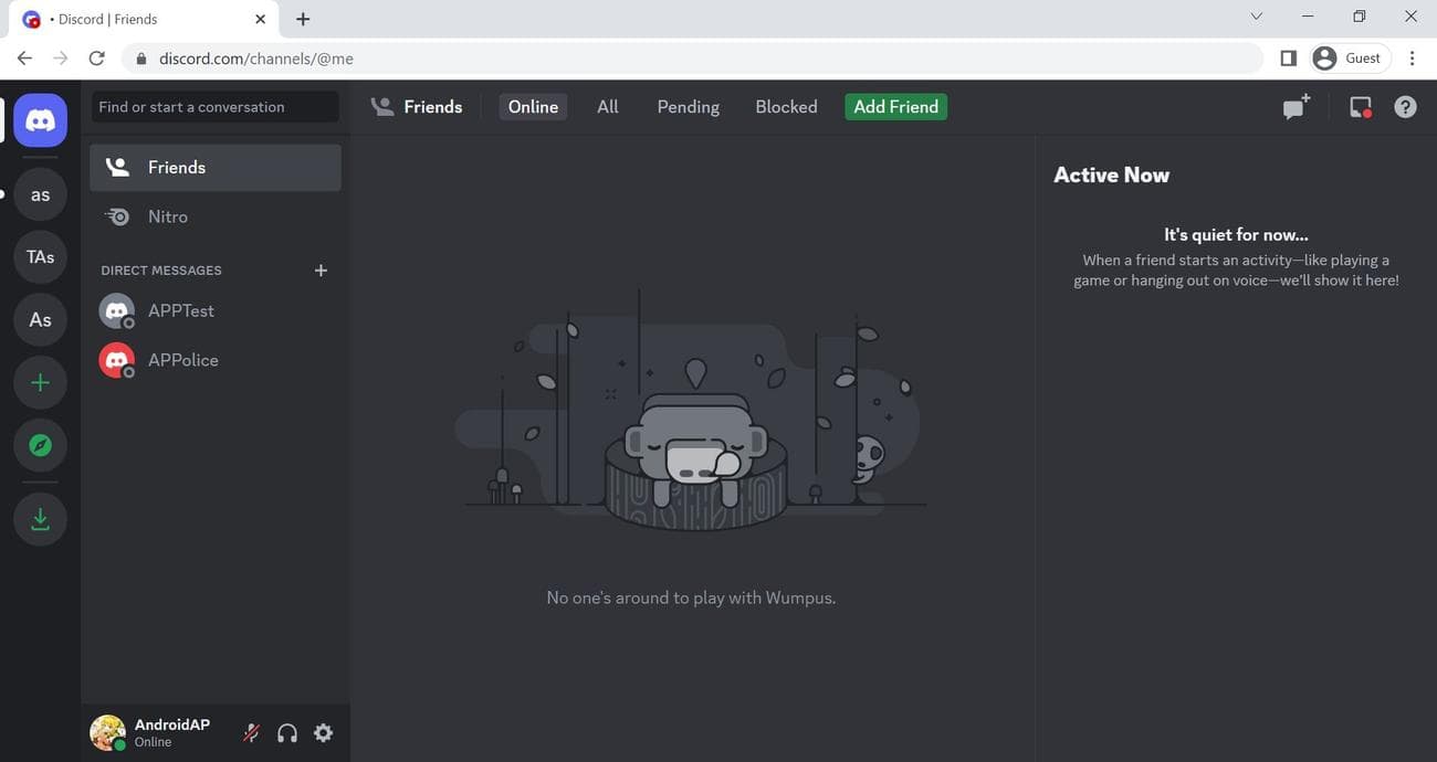 Προεπισκόπηση της ιστοσελίδας Discord για έναν συνδεδεμένο χρήστη