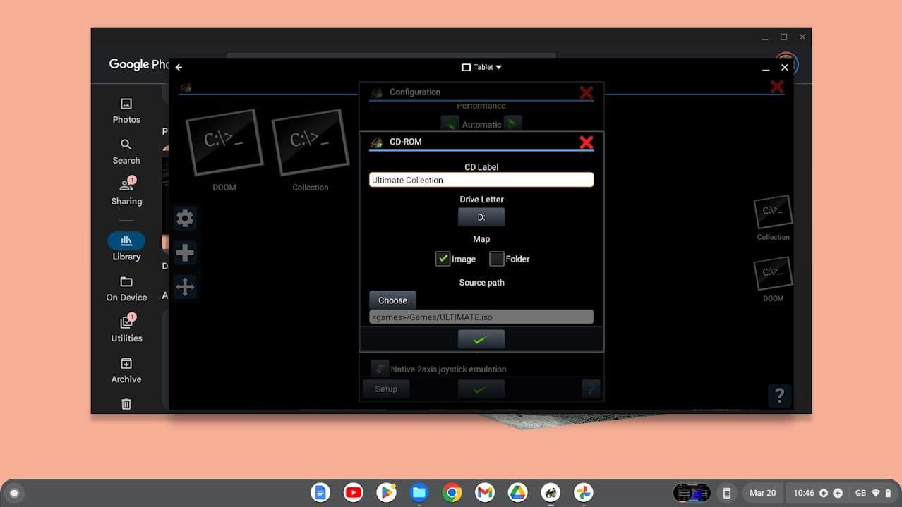 Αναδυόμενο παράθυρο ρυθμίσεων εξομοιωτή στο chromebook με πορτοκαλί φόντο