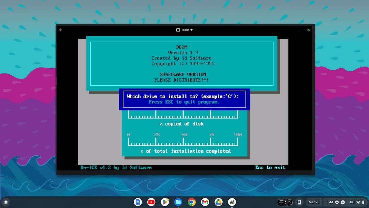 εξομοιωτής dos με γαλαζοπράσινα παράθυρα σε φόντο μπλε ροζ και σκούρο μπλε