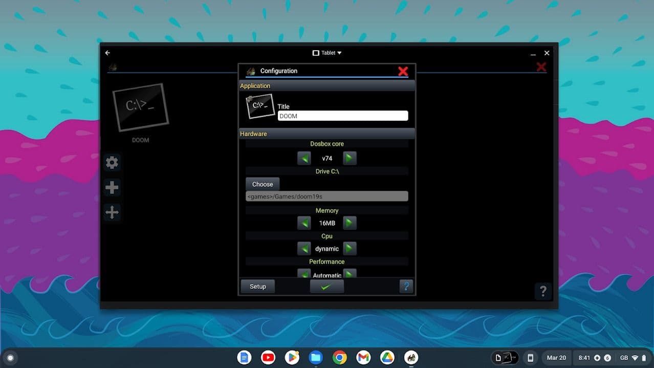 παράθυρο chromebook σε φόντο μπλε ροζ και σκούρο μπλε