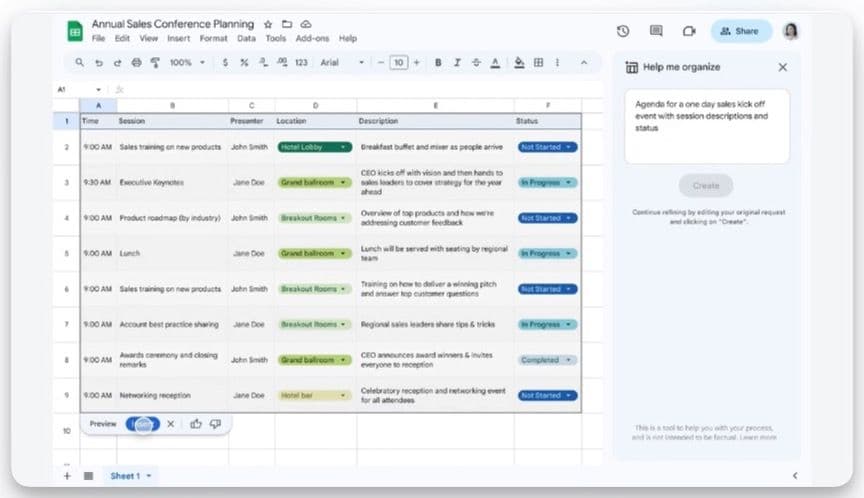 Στιγμιότυπο οθόνης που δείχνει το Duet AI να λειτουργεί στα Φύλλα Google