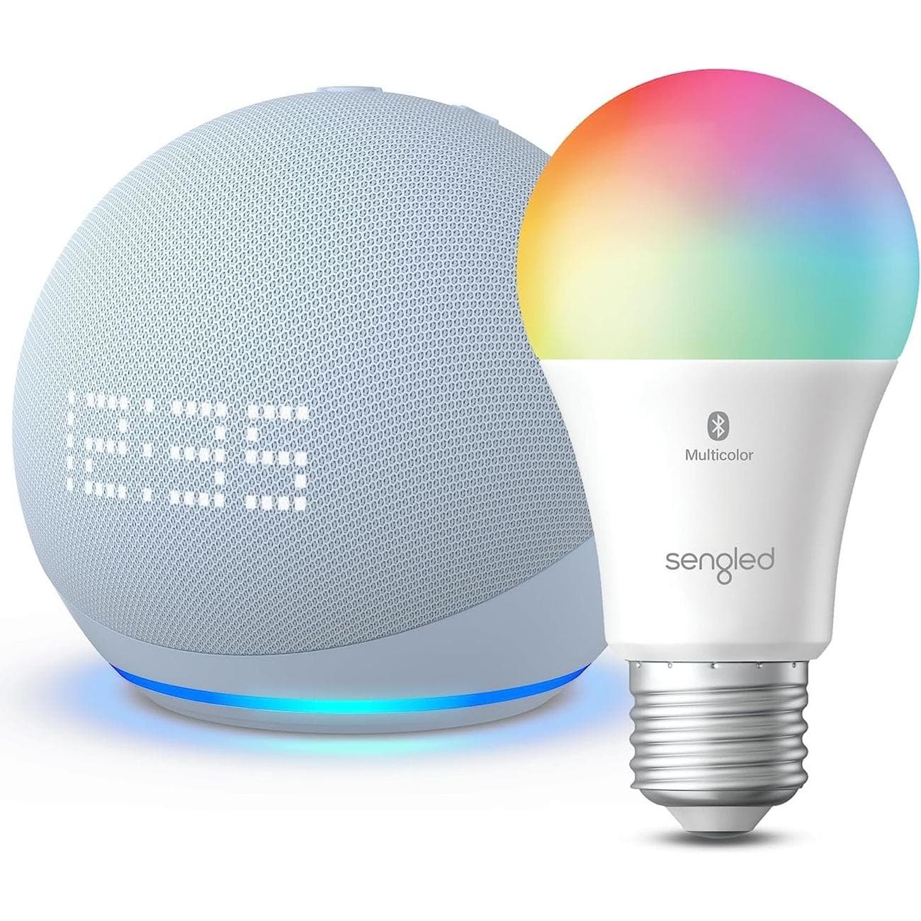Render of the Echo Dot με ρολόι (5th Gen) και δέσμη λαμπτήρων Bluetooth Sengled