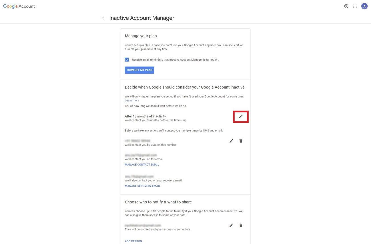 Στιγμιότυπο οθόνης του εικονιδίου επεξεργασίας στο Google Inactive Account Manager