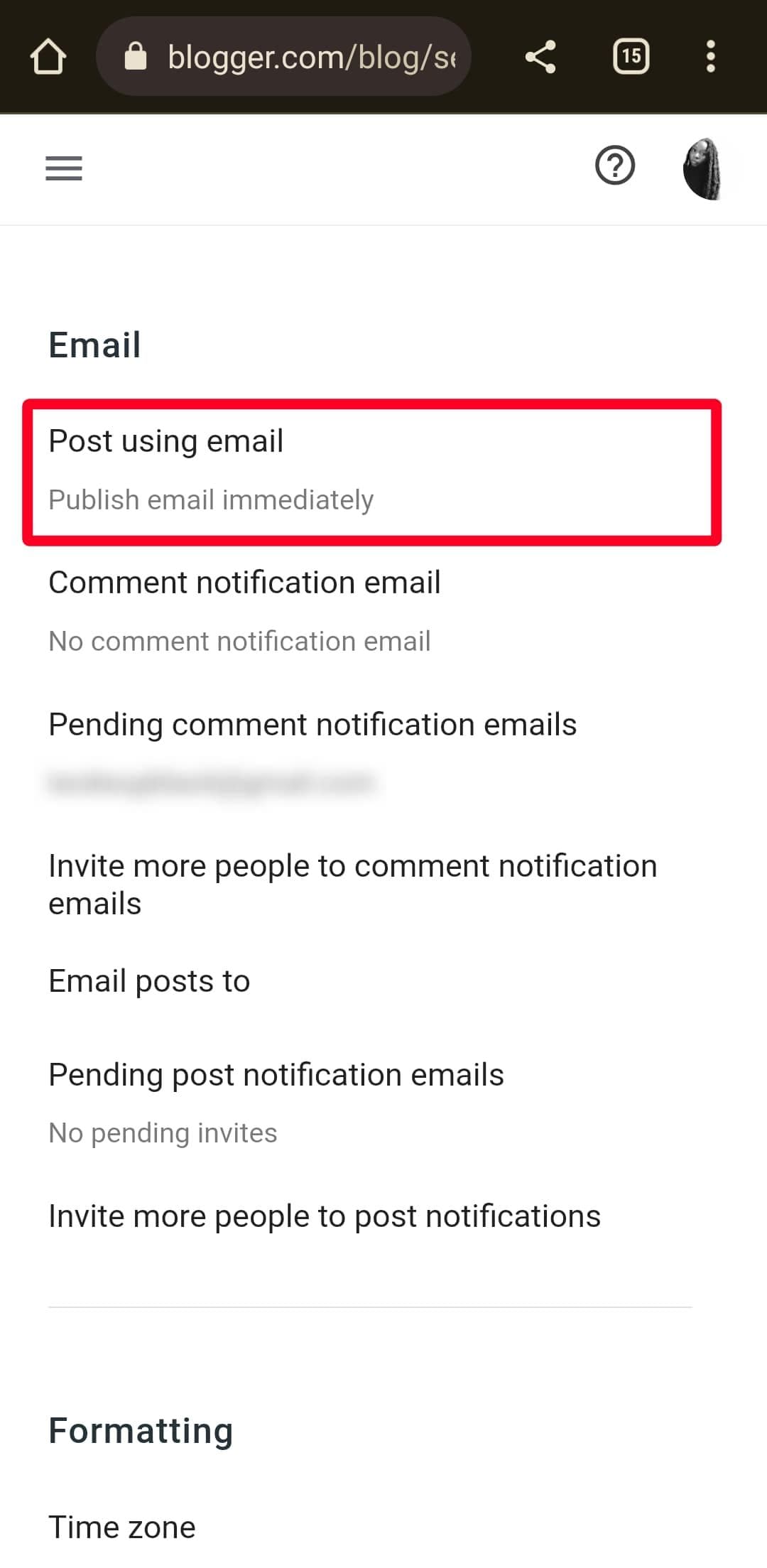 Email section in Blogger settings menu