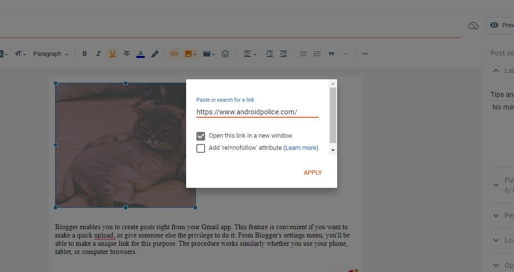 Embedding Android Police hyperlink into an image on Blogger