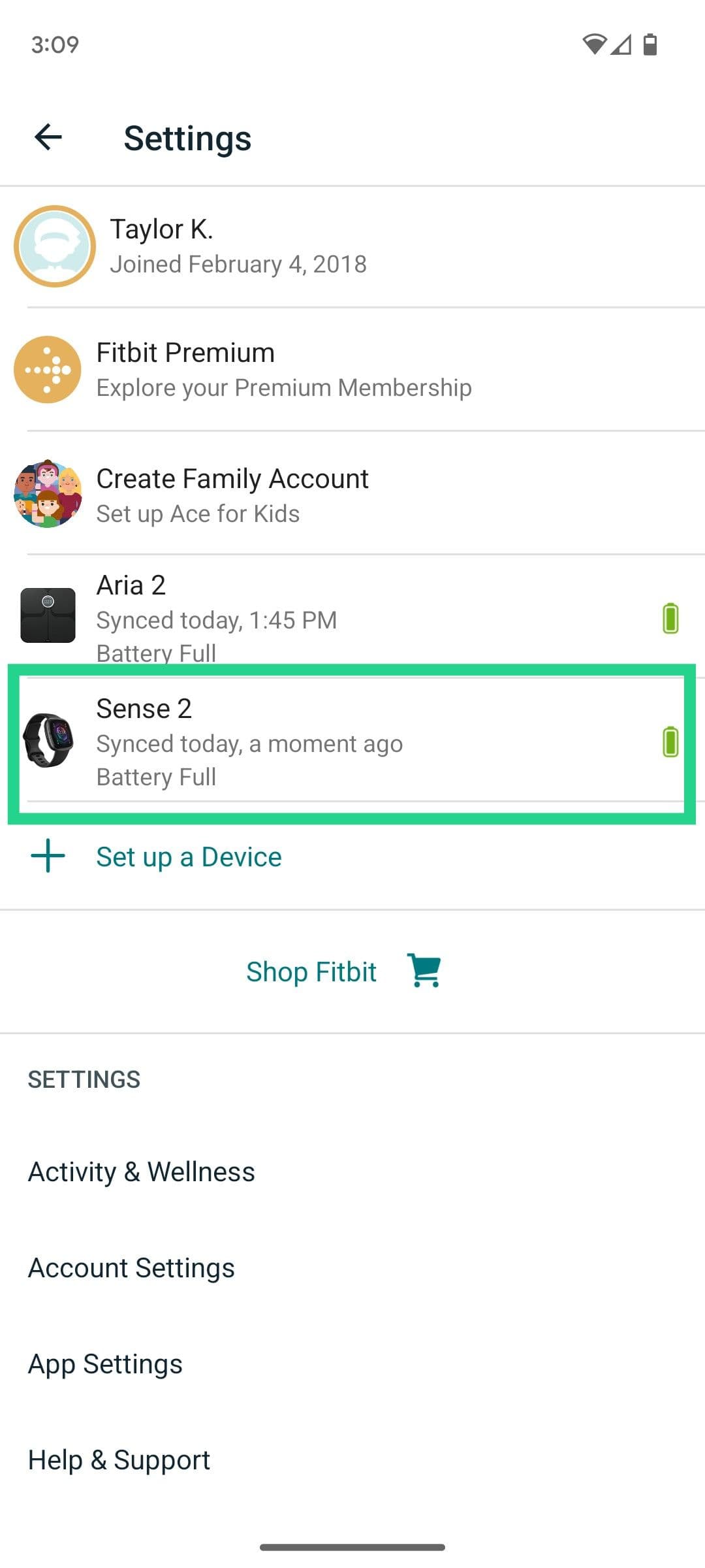 Η εφαρμογή Fitbit με επισημασμένο ένα εικονίδιο Sense 2.