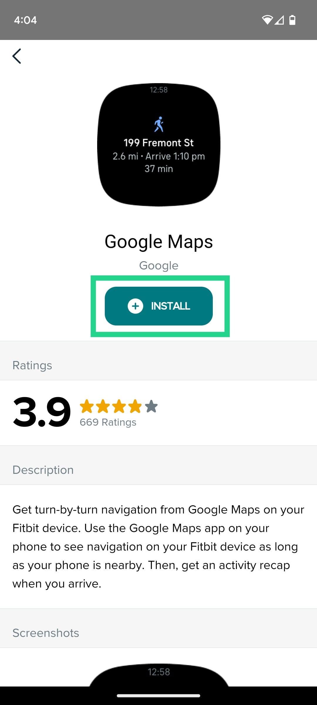 Χάρτες Google στη Συλλογή εφαρμογών του Fitbit.