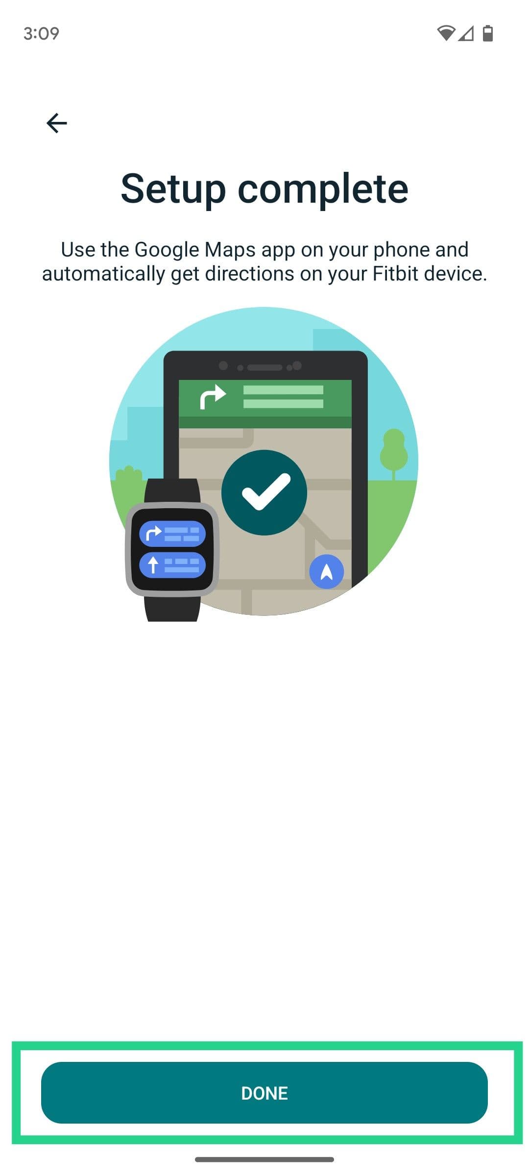 Η εφαρμογή Fitbit μετά την ολοκλήρωση της ρύθμισης των Χαρτών Google.