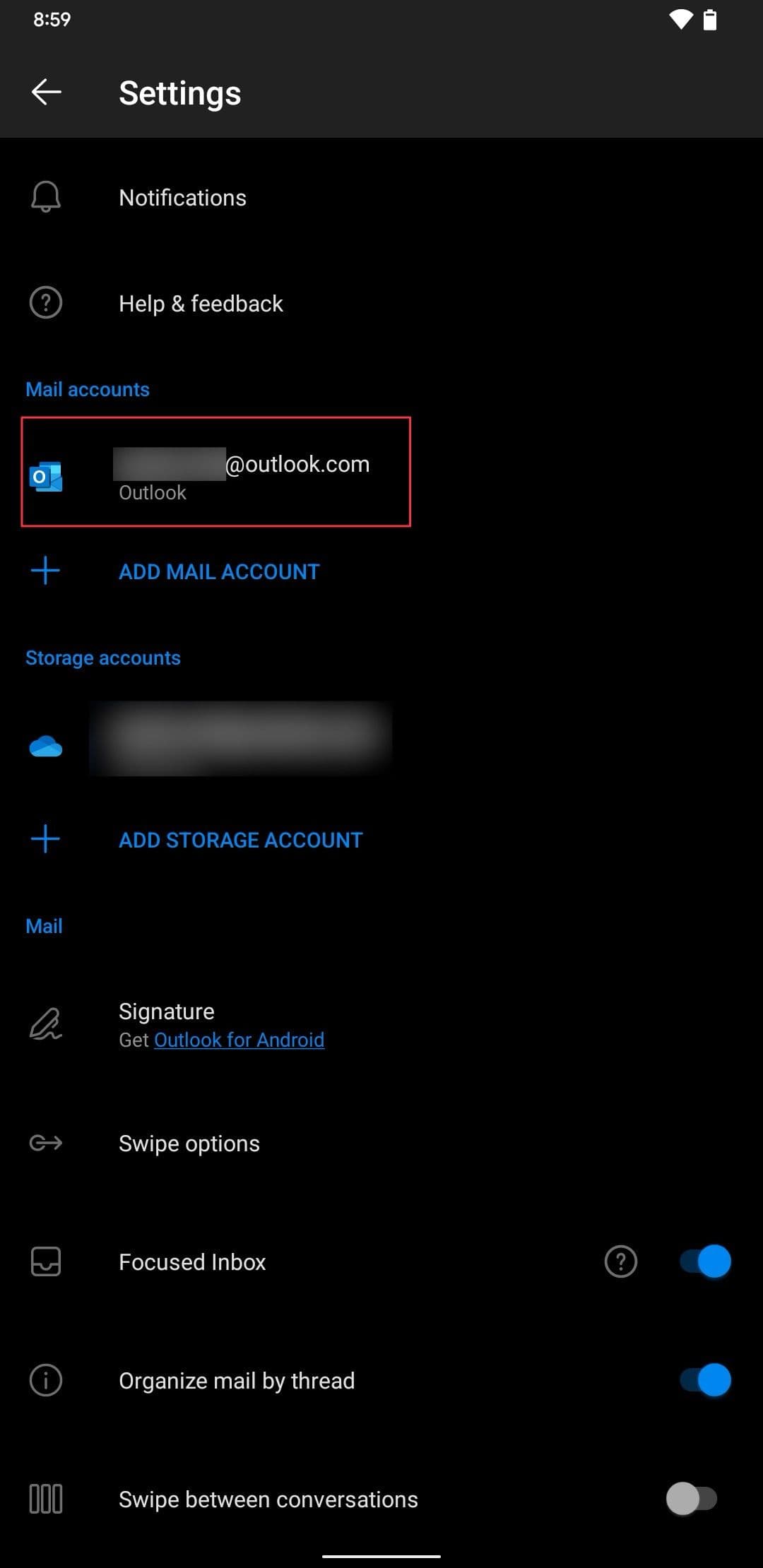 Στιγμιότυπο οθόνης σελίδας ρυθμίσεων εφαρμογής Android Outlook