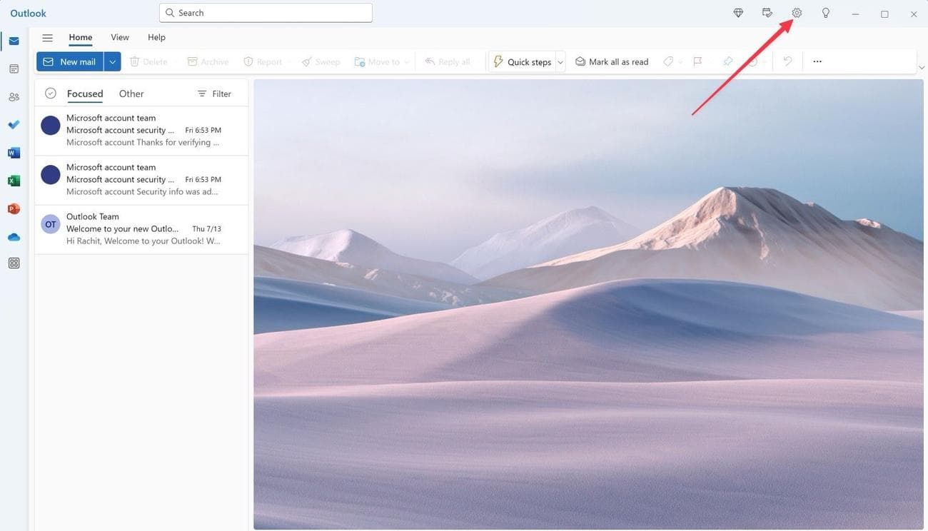 Στιγμιότυπο οθόνης αρχικής σελίδας της νέας εφαρμογής Outlook που δείχνει το εικονίδιο Ρυθμίσεις